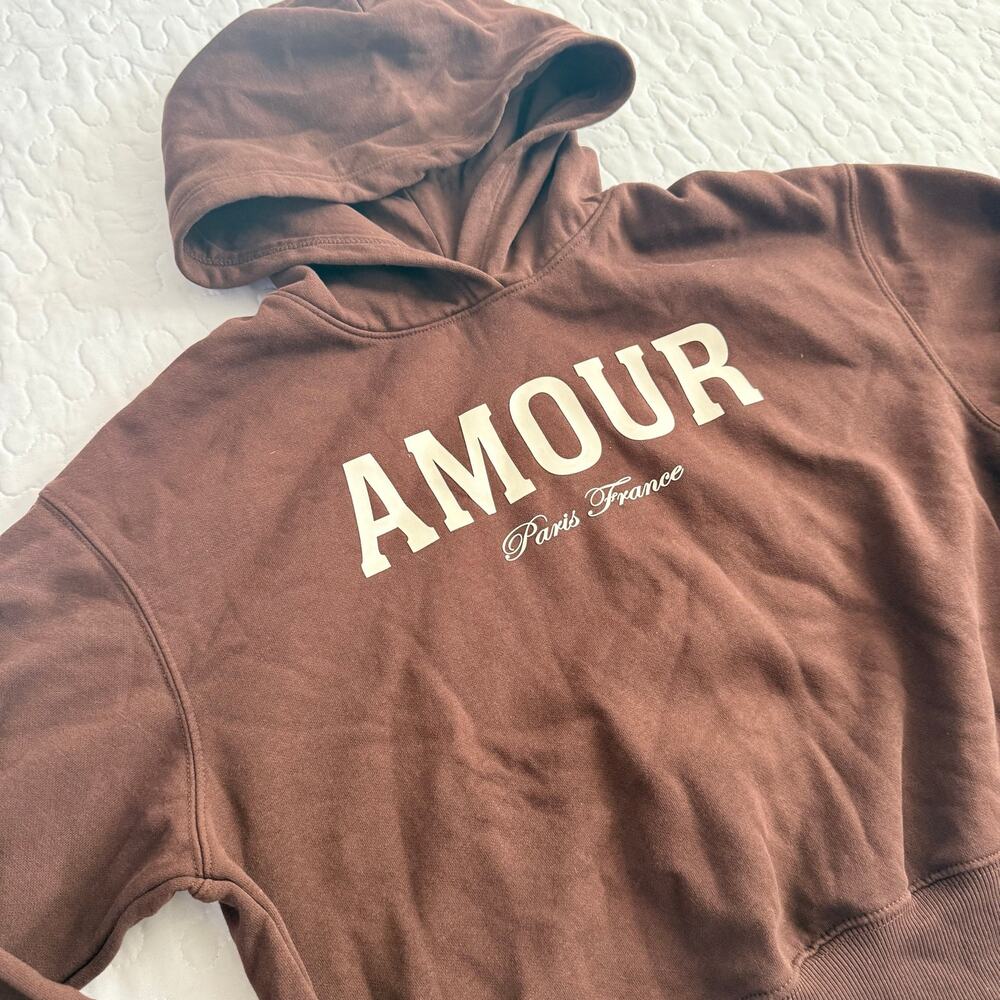 H&M GIRLS US 16/18 BROWN HOODIE PULLOVER CROPPED FALL PARIS FRANCE COZY